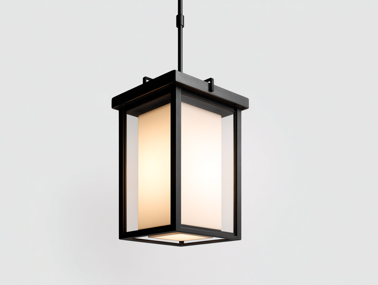 Farol colgante exterior-metal y vidrio mate-26x26x42 cm-negro-iluminación cálida resistente diseño contemporáneo