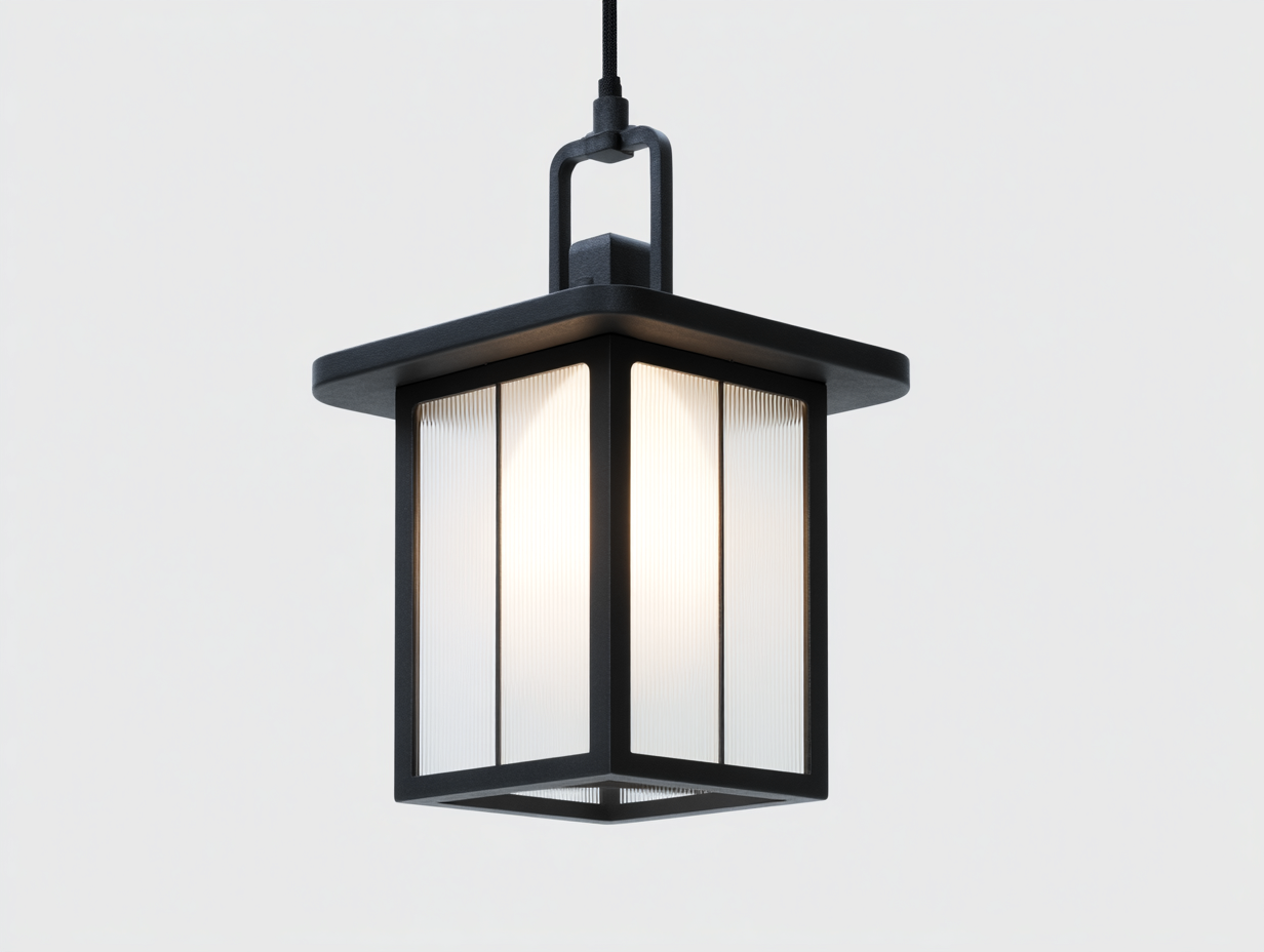 Farol suspendido exterior-metal y vidrio texturizado-24x24x38 cm-negro-iluminación difusa diseño contemporáneo