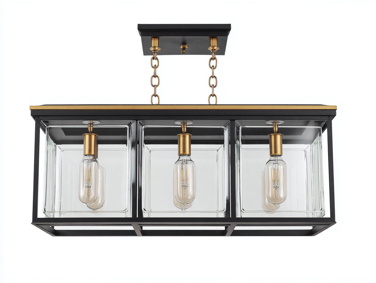 Lámpara colgante triple-vidrio y metal-70x20x35 cm-negro y dorado-iluminación exterior estilo industrial