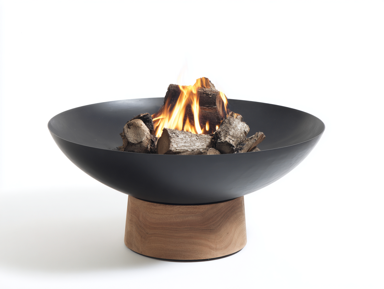 Brasero exterior moderno-acero y base madera-85x85x42 cm-negro y natural-calefacción jardín diseño contemporáneo