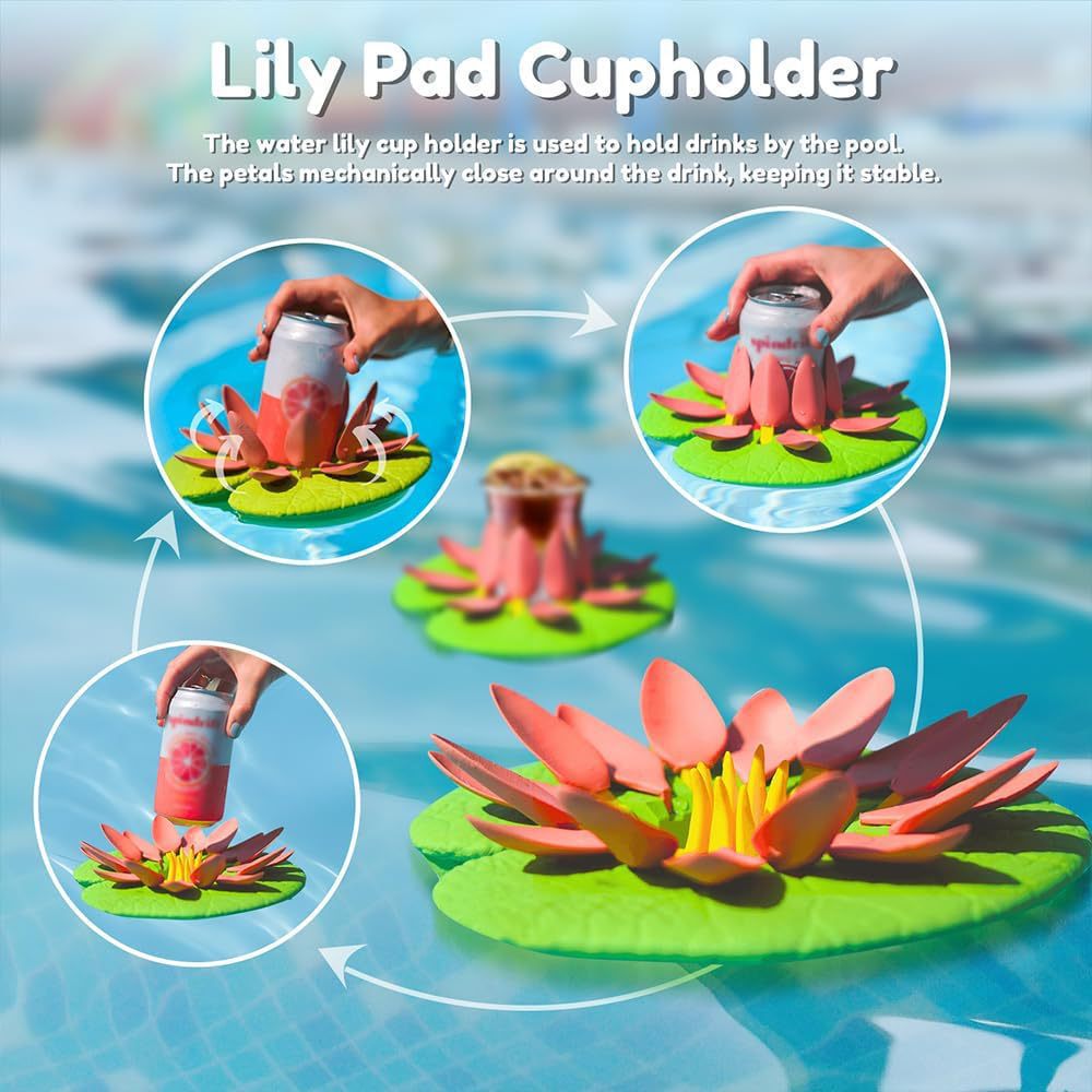 Lily Pad Floating Cup Holder, Auto-Closing Lotus Flower Drink Holder for Pool, Beach, Hot Tub, Spa, Floating Beverage Can Holder, Fun Novelty Pool Accessory