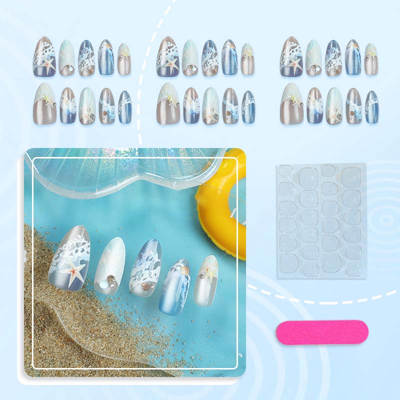 30 Pcs Beach Press On Nails - Medium Almond, 3D Starfish & Seashell Design, Ocean Wave Blue Fake Nails with Adhesive Tabs & Nail File, Reusable Summer Acrylic Nail Tips for Women