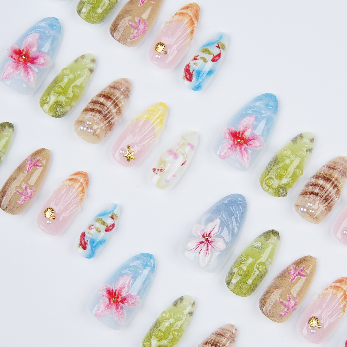 30 Pcs Summer Ocean Press On Nails - Medium Almond, 3D Carved Hibiscus, Seashell & Starfish Fake Nails with Adhesive Tabs & Nail File, Reusable Glossy Acrylic Nail Tips for Women