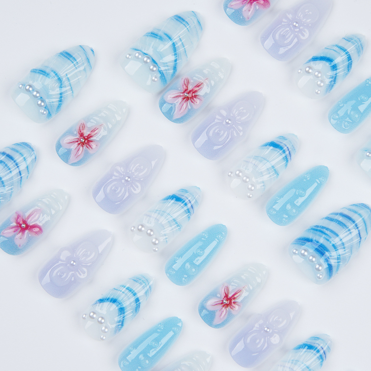 30 Pcs Ice Blue Gradient Press On Nails - Medium Almond, 3D Embossed Flower & Seashell Fake Nails with Pearl Accents, Reusable Glossy Acrylic Nail Tips for Women