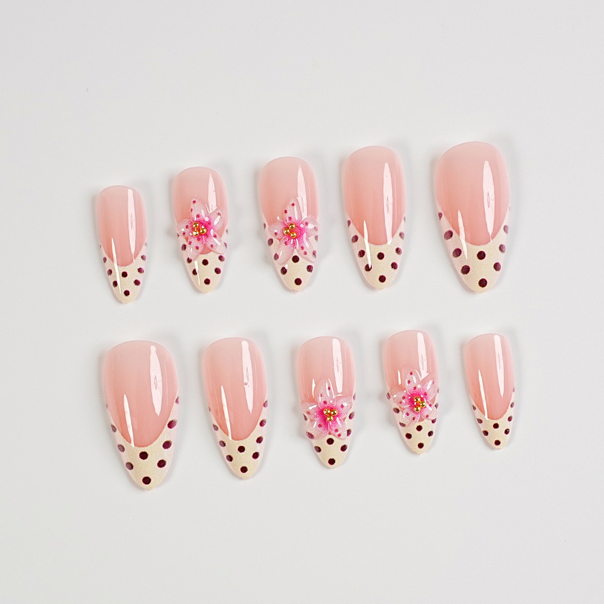 24 Pcs Handmade Drip Glue Press On Nails, French Floral Design, Almond Pink Reusable False Nail Tips for Women Daily Party Wear