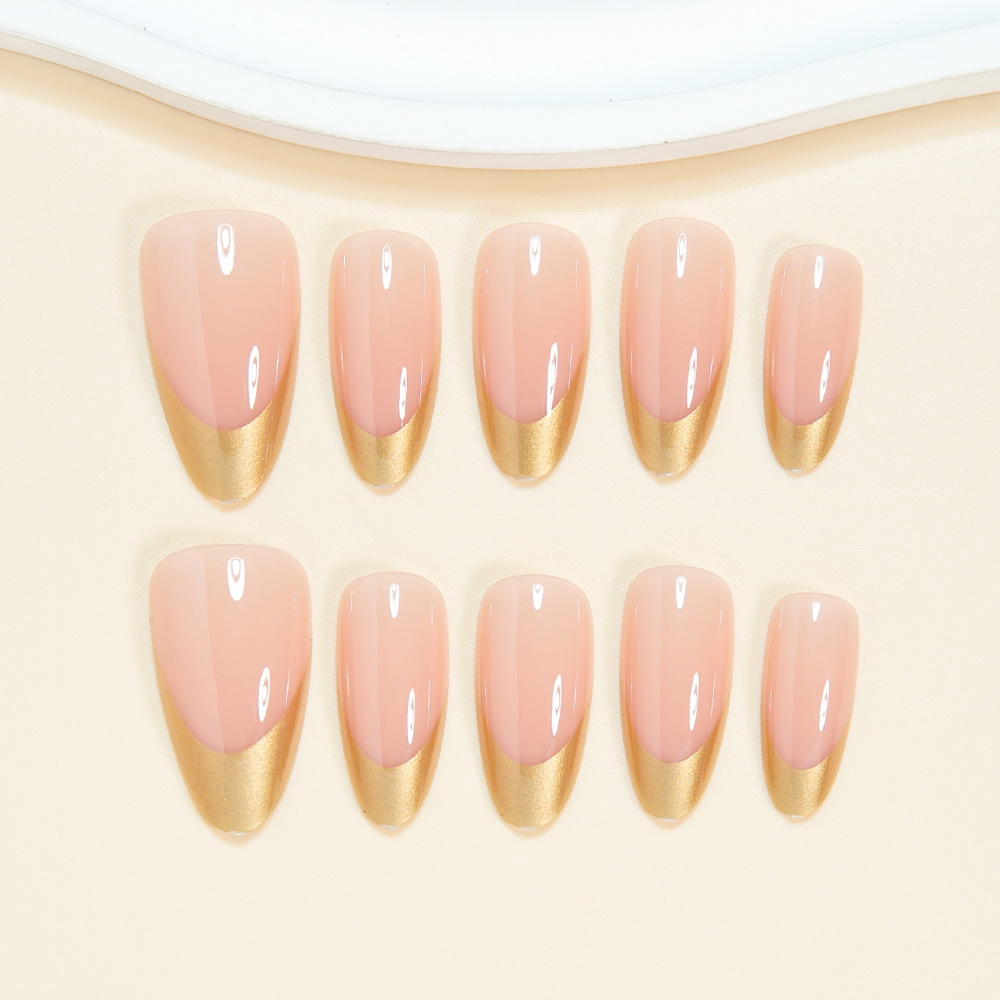 24Pcs Almond Press On Nails, Gold Metallic French Tip Fake Nails, Nude Glossy False Nails, Reusable Full Cover Stick On Nails for Women Daily & Party Manicure