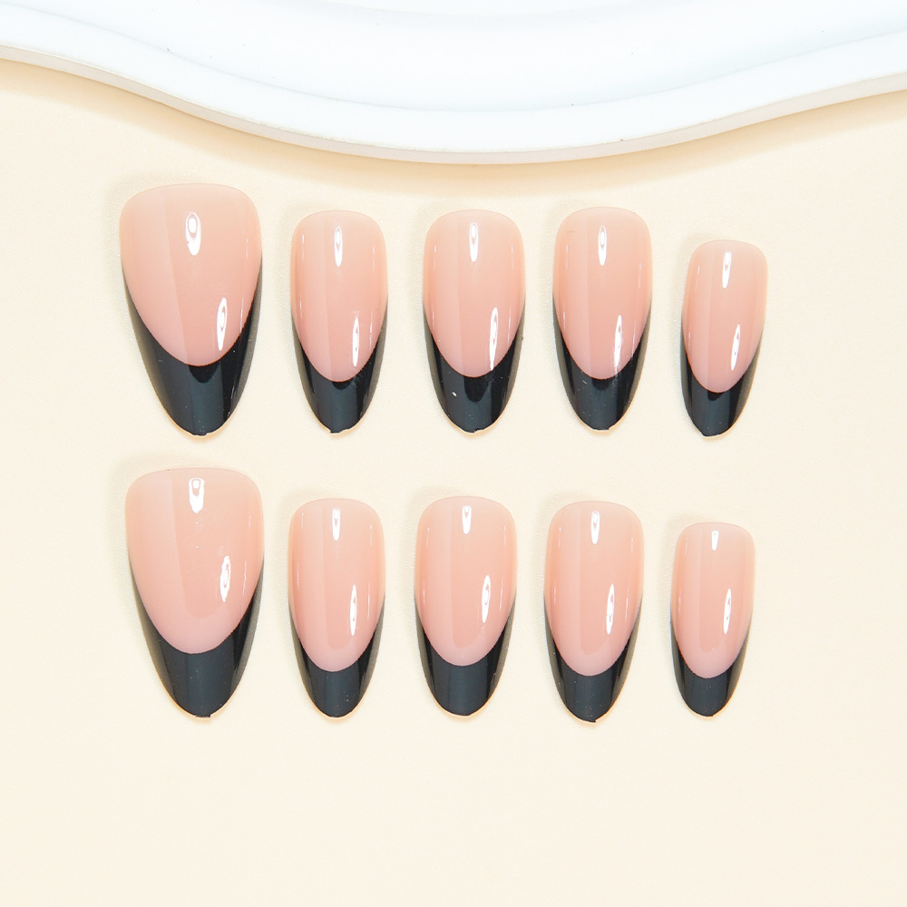 30Pcs Black French Tip Press On Nails, Nude Base Almond Fake Nails, Glossy Punk Style False Nails, Reusable Full Cover Stick On Nails for Women
