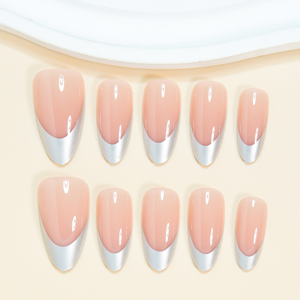 30Pcs Silver Metallic French Tip Press On Nails, Nude Almond Fake Nails, Glossy Reusable False Nails, Full Cover Stick On Nails for Women, 30Pcs