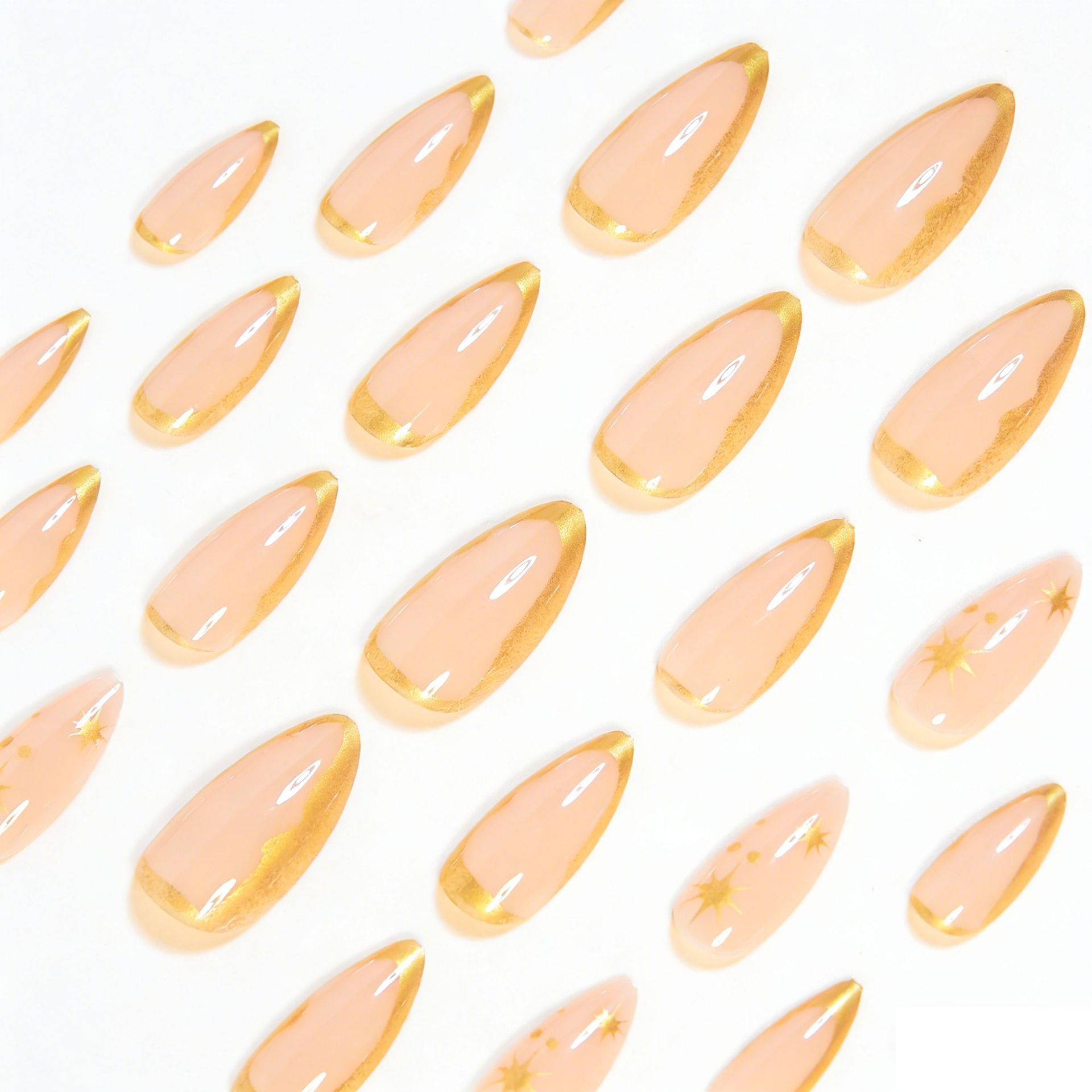 24Pcs Gold French Tip Press On Nails, Nude Almond Short Fake Nails with Starburst Design, Glossy Reusable False Nails for Women, European American Styl