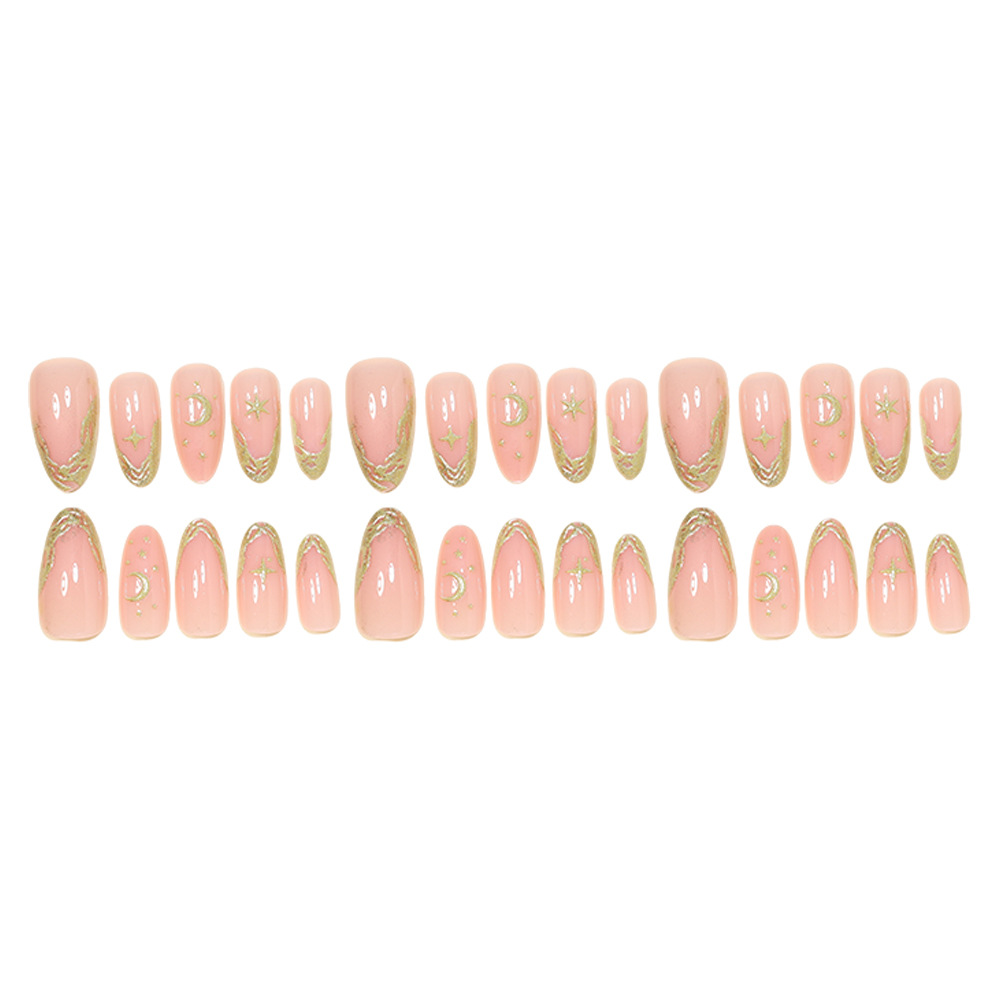 30Pcs Moon Star Press On Nails, Nude Almond False Nails with Gold Glitter French Tips, Reusable Glossy Fake Nails, Celestial Ins Style Stick On Nails for Women
