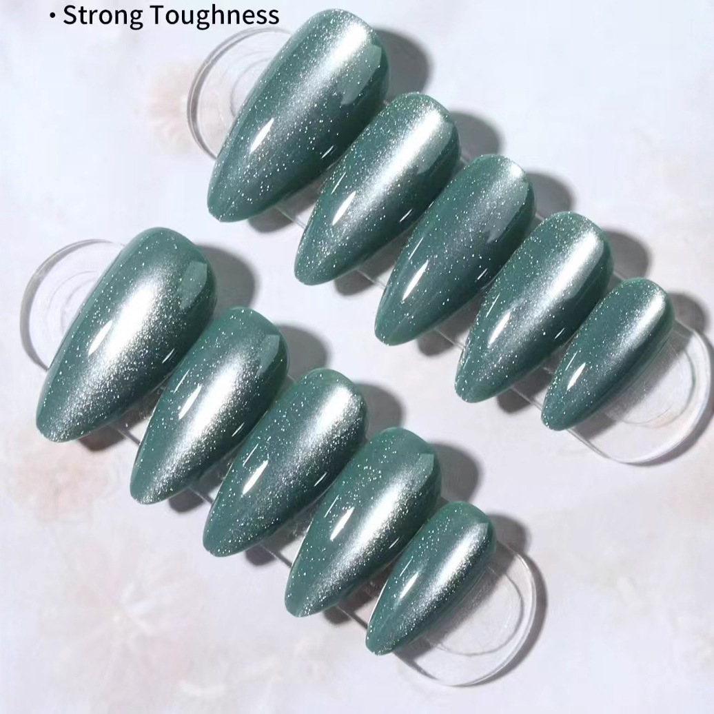 24Pcs Cyan Cat Eye Press On Nails, Ice Transparent Almond Fake Nails, Shimmer Glass Bead Effect False Nails, Reusable Glossy Stick On Nails for Women