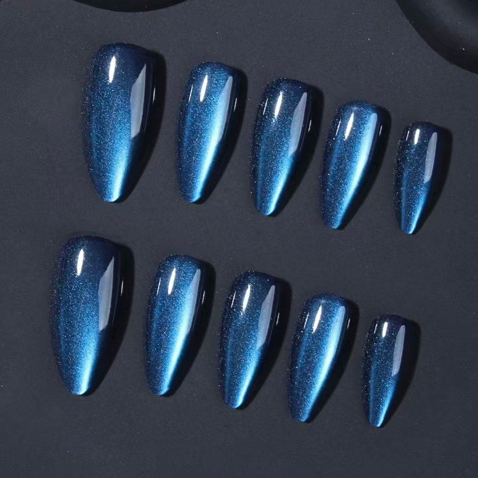 24Pcs Blue Cat Eye Press On Nails, Glossy Almond Fake Nails, Gradient Shimmer False Nails, Reusable Full Cover Stick On Nails for Women