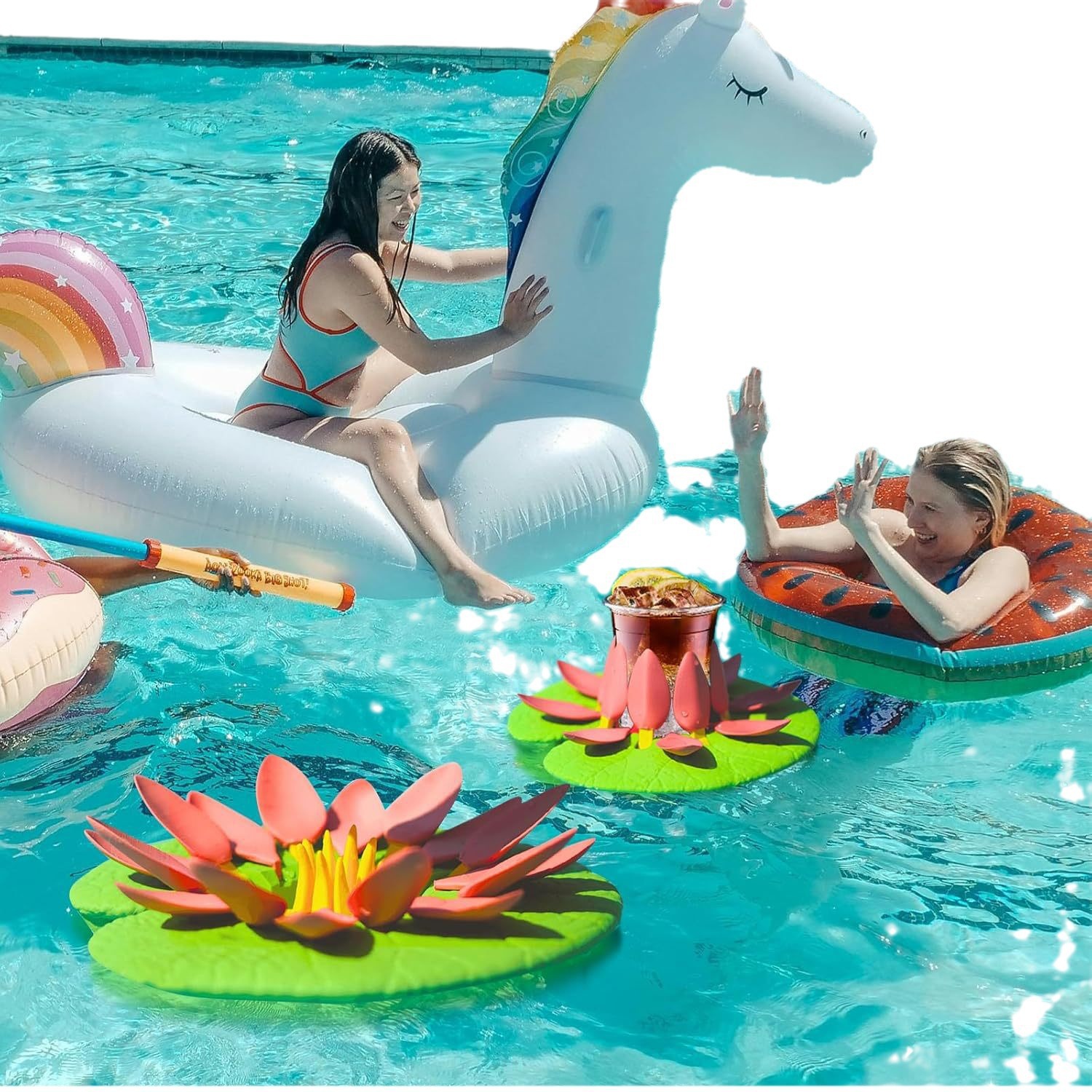 Lily Pad Floating Cup Holder, Auto-Closing Lotus Flower Drink Holder for Pool, Beach, Hot Tub, Spa, Floating Beverage Can Holder, Fun Novelty Pool Accessory