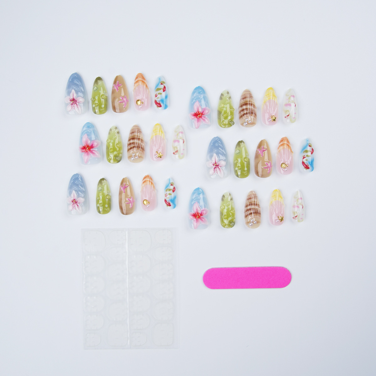 30 Pcs Summer Ocean Press On Nails - Medium Almond, 3D Carved Hibiscus, Seashell & Starfish Fake Nails with Adhesive Tabs & Nail File, Reusable Glossy Acrylic Nail Tips for Women