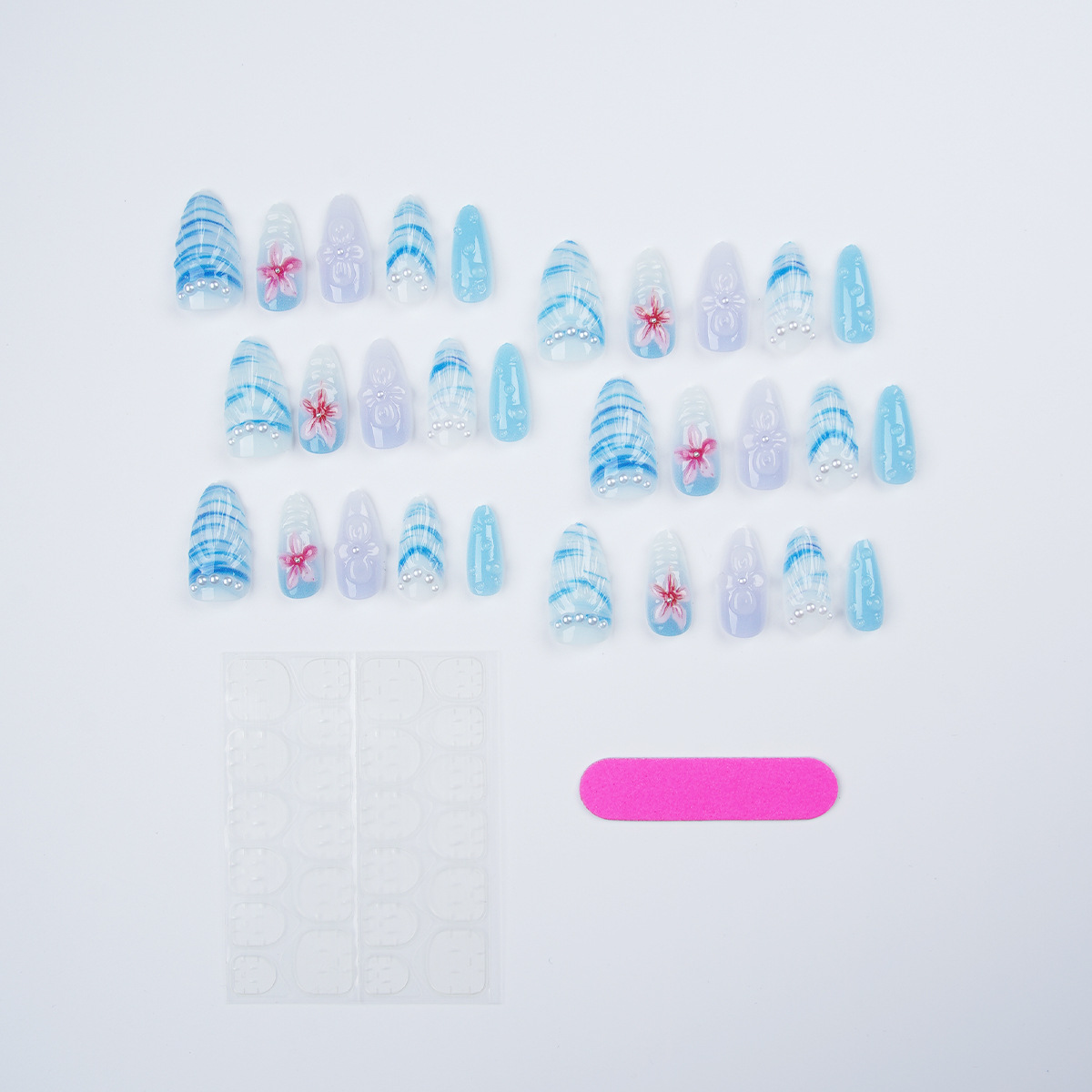 30 Pcs Ice Blue Gradient Press On Nails - Medium Almond, 3D Embossed Flower & Seashell Fake Nails with Pearl Accents, Reusable Glossy Acrylic Nail Tips for Women
