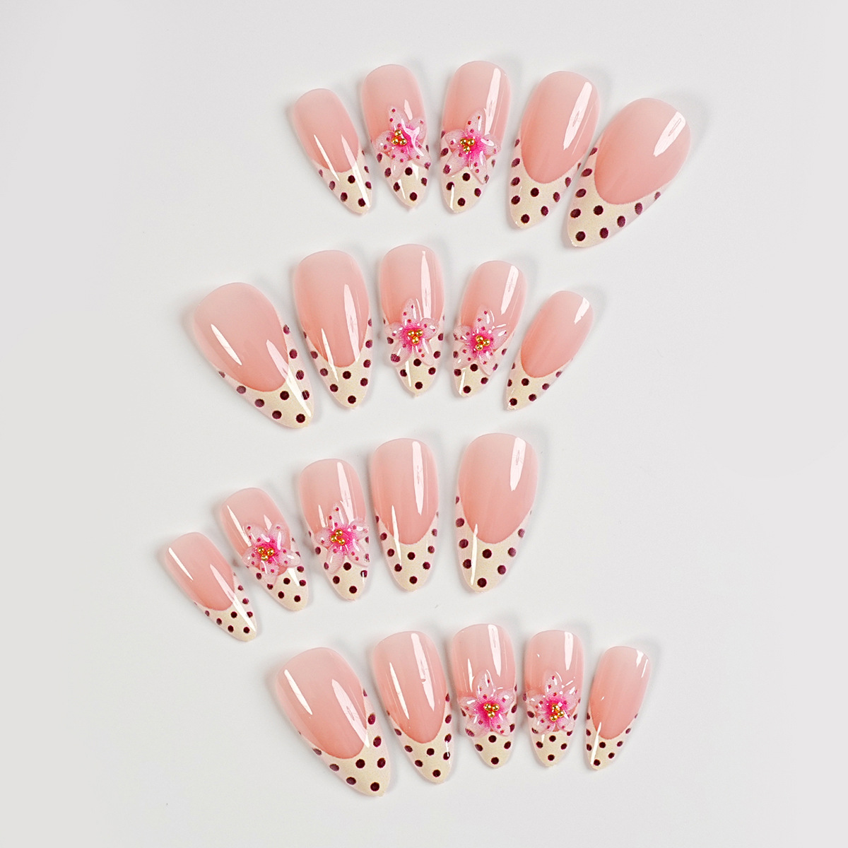 24 Pcs Handmade Drip Glue Press On Nails, French Floral Design, Almond Pink Reusable False Nail Tips for Women Daily Party Wear