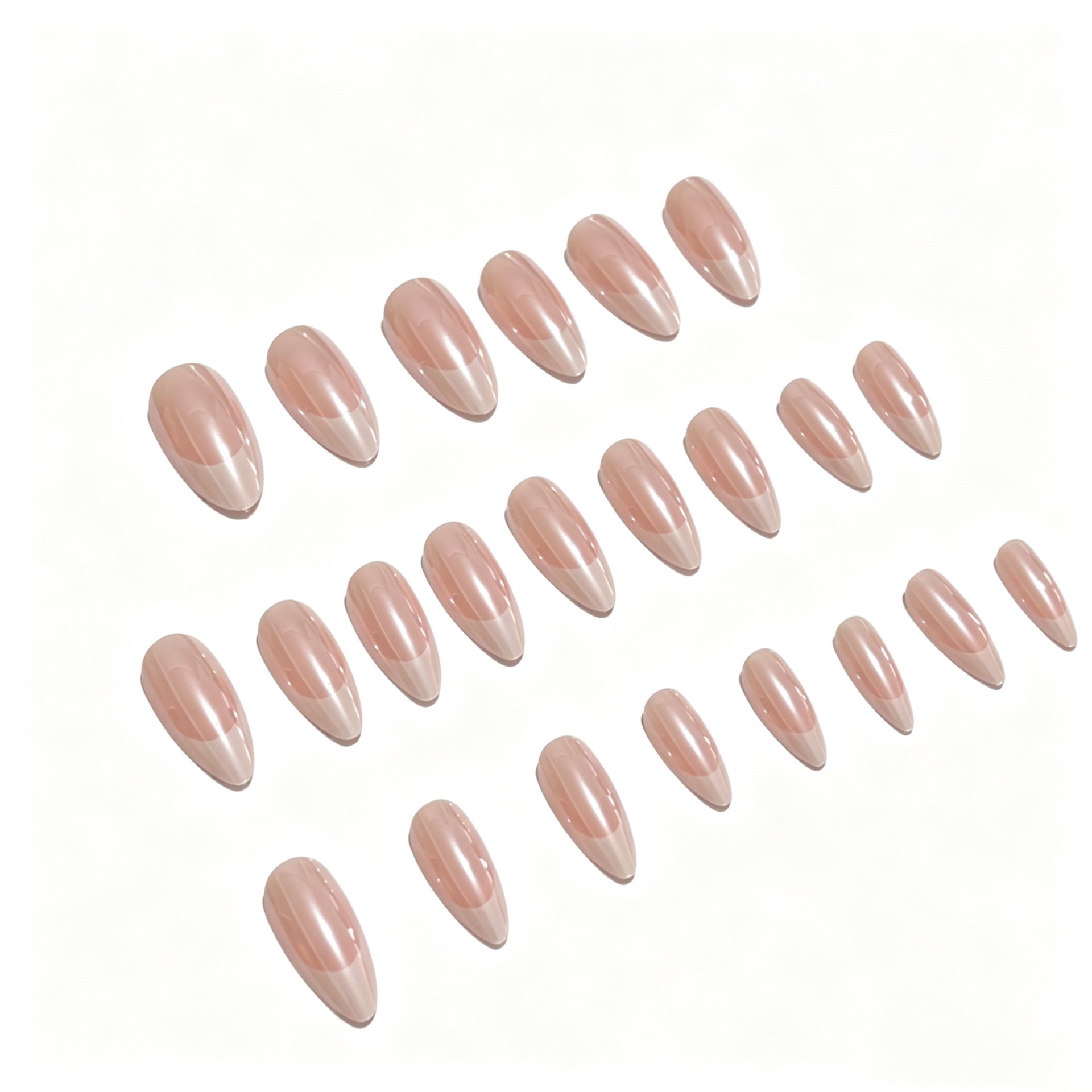 24 Pcs Chrome French Press On Nails - Medium Almond, Nude Pink Mirror Finish Fake Nails, Reusable Glossy Acrylic Nail Tips for Women