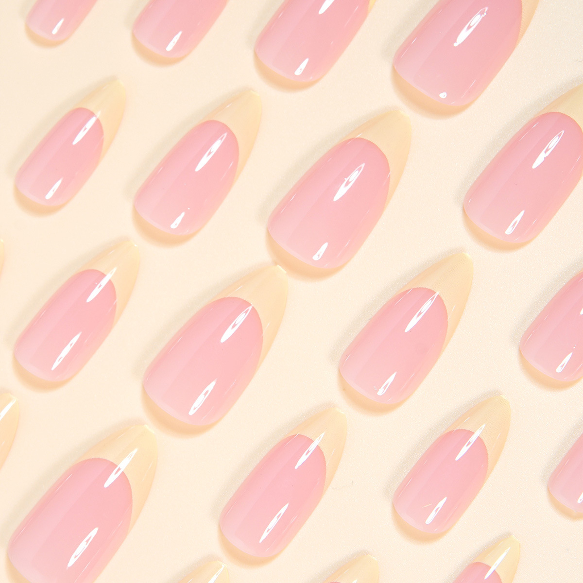 24pcs Almond Press On Nails, Yellow French Tip Fake Nails, Nude Glossy False Nails, Reusable Full Cover Stick On Nails for Women Daily Manicure, 24Pcs 