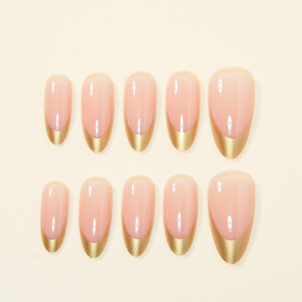 24Pcs Almond Press On Nails, Gold Metallic French Tip Fake Nails, Nude Glossy False Nails, Reusable Full Cover Stick On Nails for Women Daily & Party Manicure