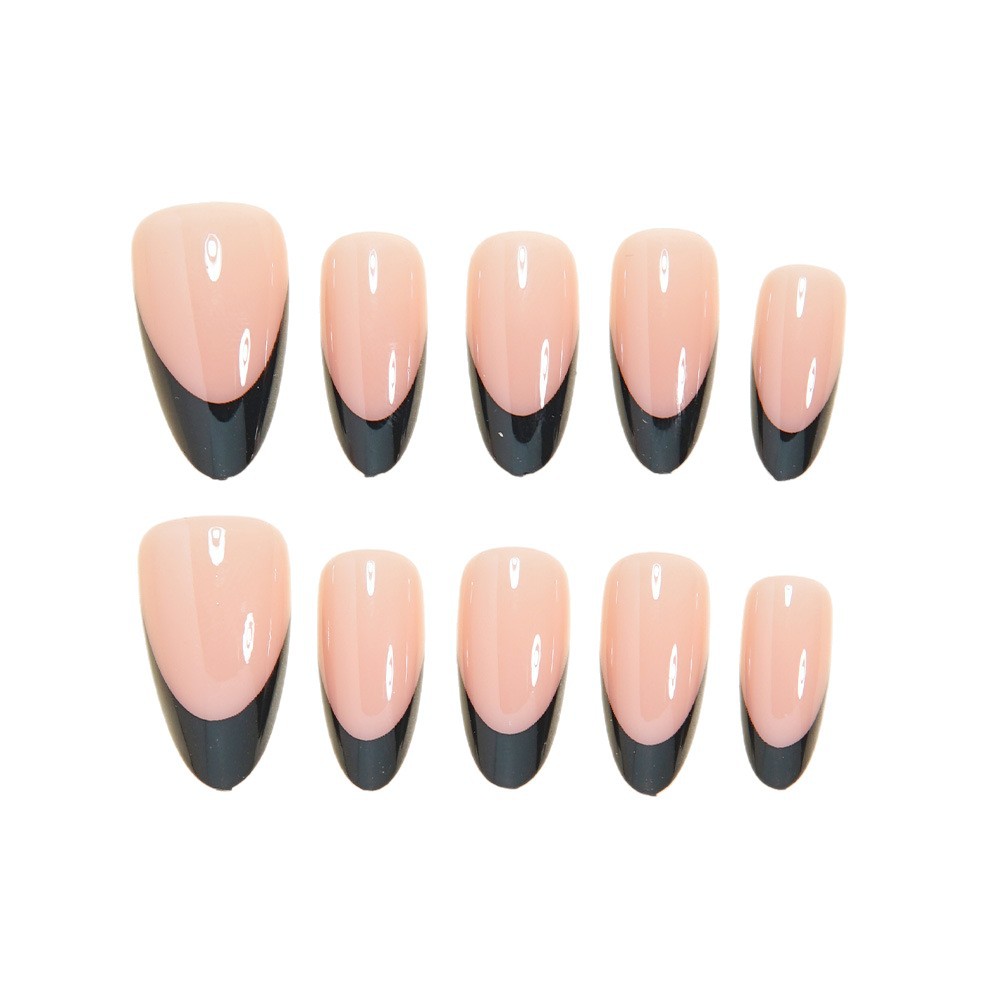 30Pcs Black French Tip Press On Nails, Nude Base Almond Fake Nails, Glossy Punk Style False Nails, Reusable Full Cover Stick On Nails for Women