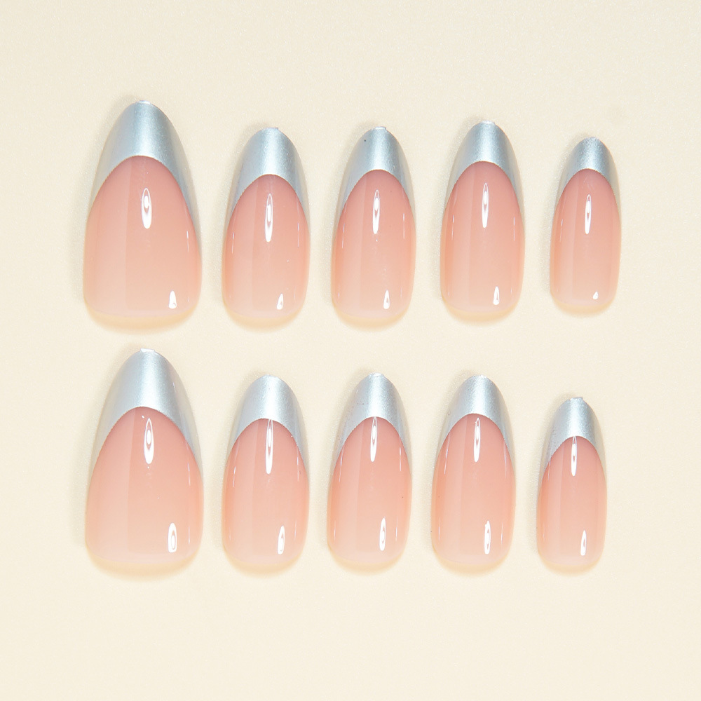 30Pcs Silver Metallic French Tip Press On Nails, Nude Almond Fake Nails, Glossy Reusable False Nails, Full Cover Stick On Nails for Women, 30Pcs