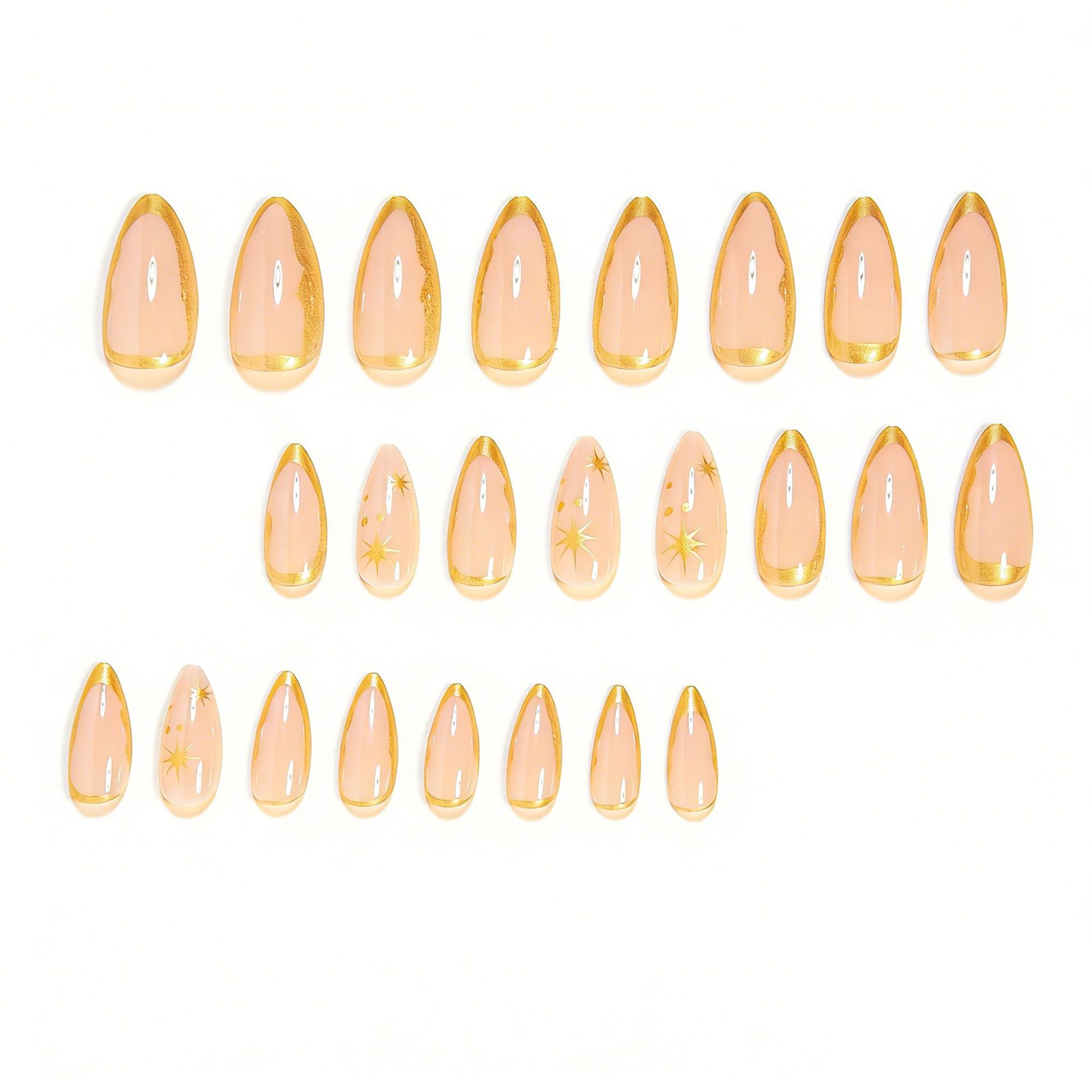 24Pcs Gold French Tip Press On Nails, Nude Almond Short Fake Nails with Starburst Design, Glossy Reusable False Nails for Women, European American Styl