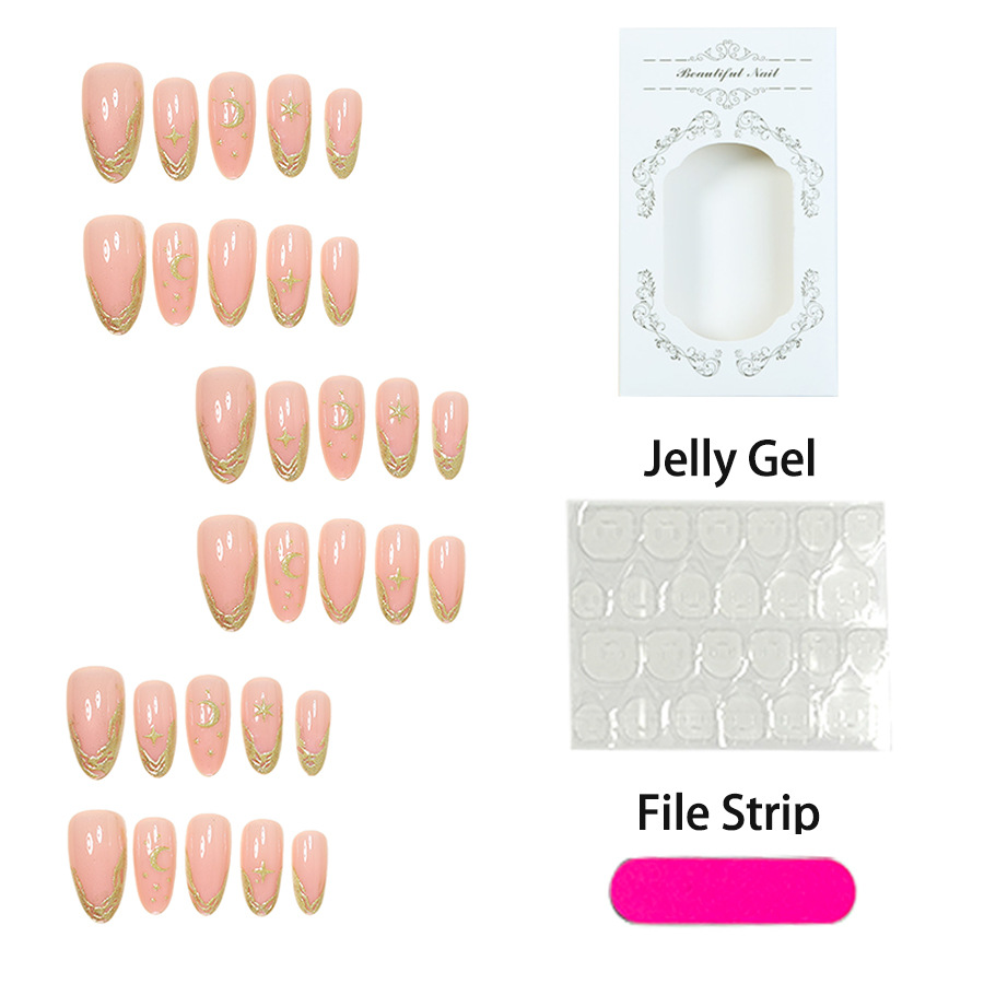 30Pcs Moon Star Press On Nails, Nude Almond False Nails with Gold Glitter French Tips, Reusable Glossy Fake Nails, Celestial Ins Style Stick On Nails for Women