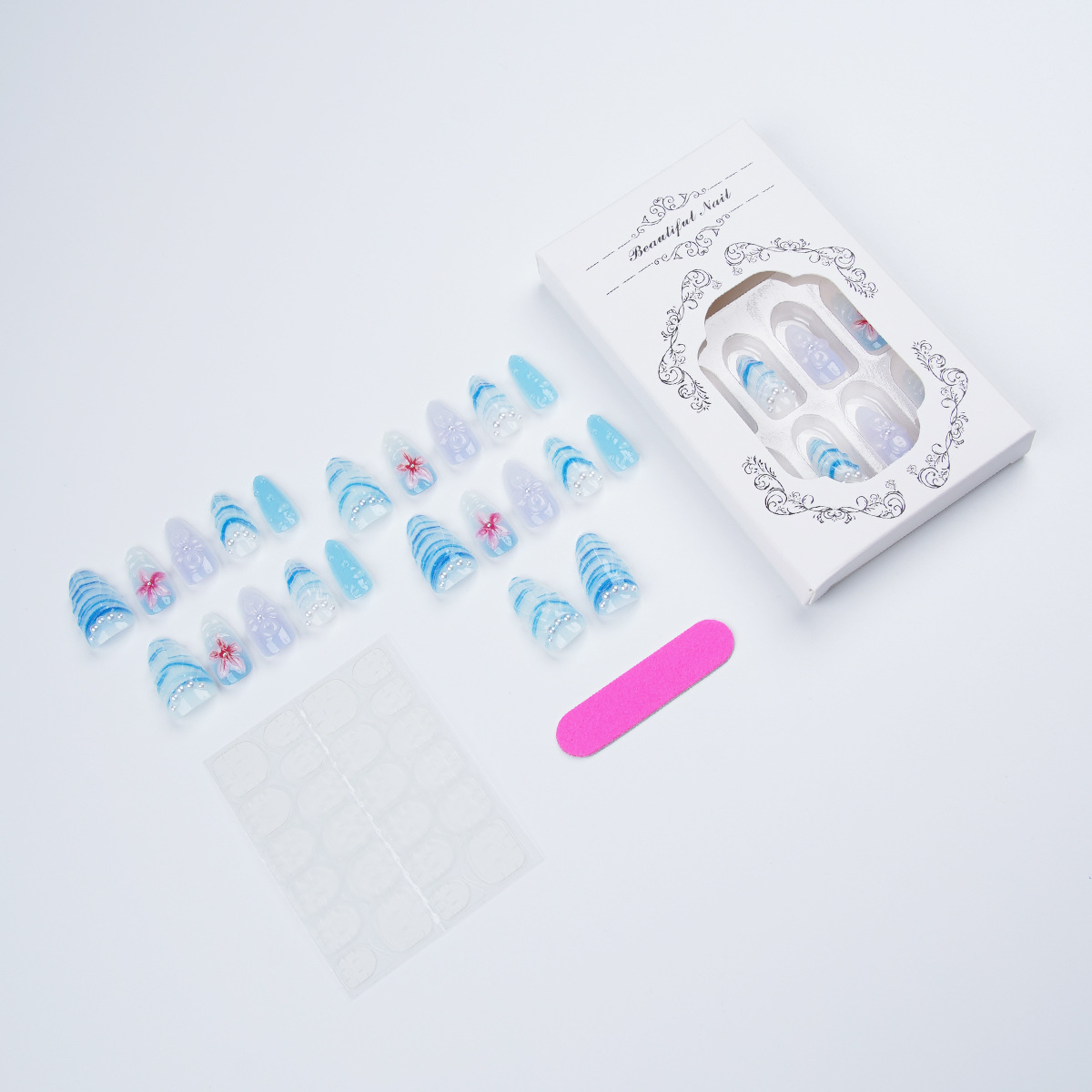 30 Pcs Ice Blue Gradient Press On Nails - Medium Almond, 3D Embossed Flower & Seashell Fake Nails with Pearl Accents, Reusable Glossy Acrylic Nail Tips for Women