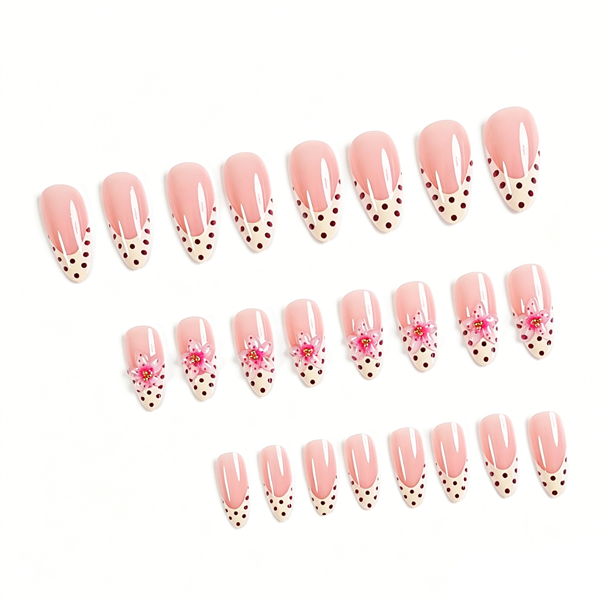 24 Pcs Handmade Drip Glue Press On Nails, French Floral Design, Almond Pink Reusable False Nail Tips for Women Daily Party Wear