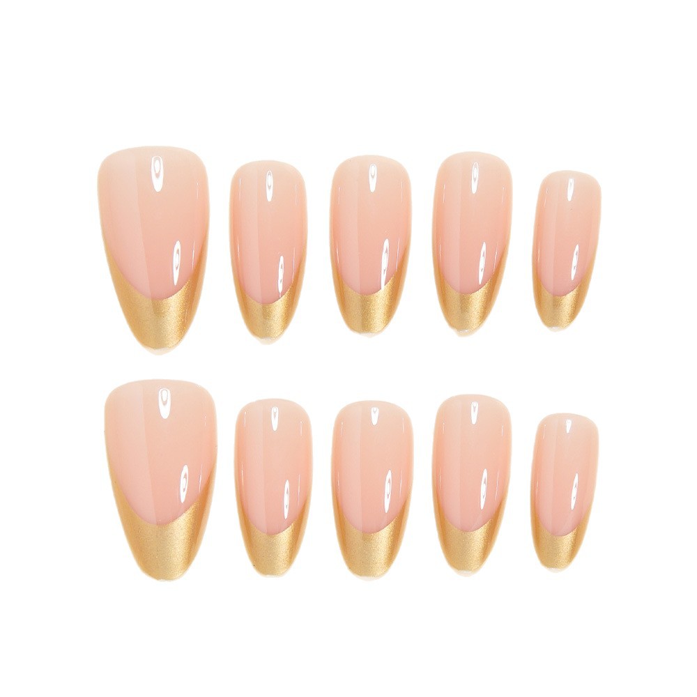 24Pcs Almond Press On Nails, Gold Metallic French Tip Fake Nails, Nude Glossy False Nails, Reusable Full Cover Stick On Nails for Women Daily & Party Manicure