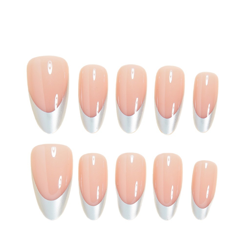 30Pcs Silver Metallic French Tip Press On Nails, Nude Almond Fake Nails, Glossy Reusable False Nails, Full Cover Stick On Nails for Women, 30Pcs