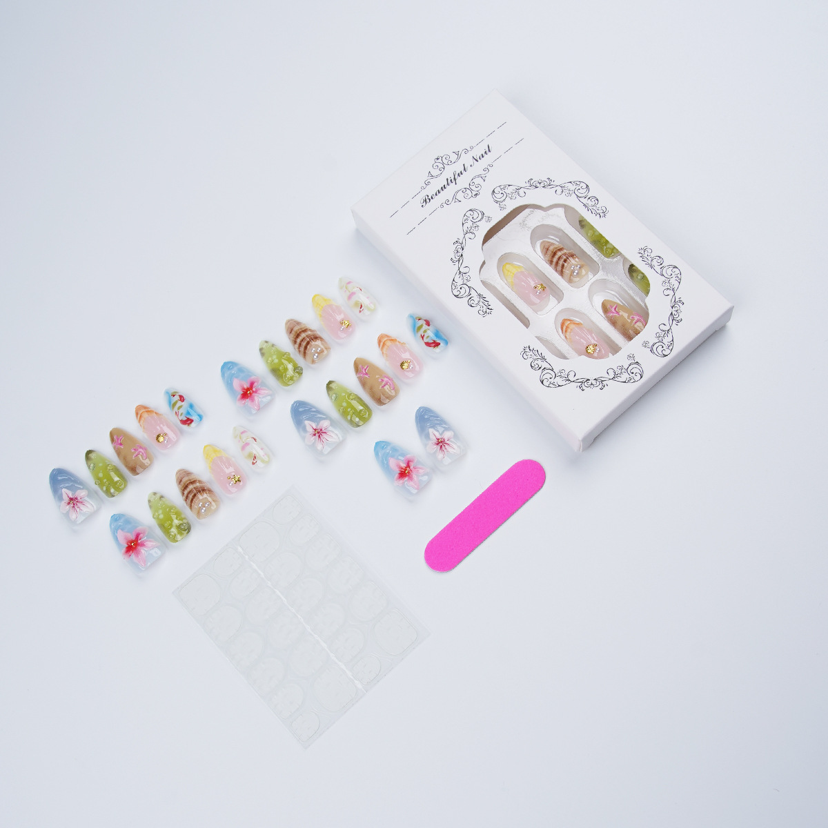 30 Pcs Summer Ocean Press On Nails - Medium Almond, 3D Carved Hibiscus, Seashell & Starfish Fake Nails with Adhesive Tabs & Nail File, Reusable Glossy Acrylic Nail Tips for Women