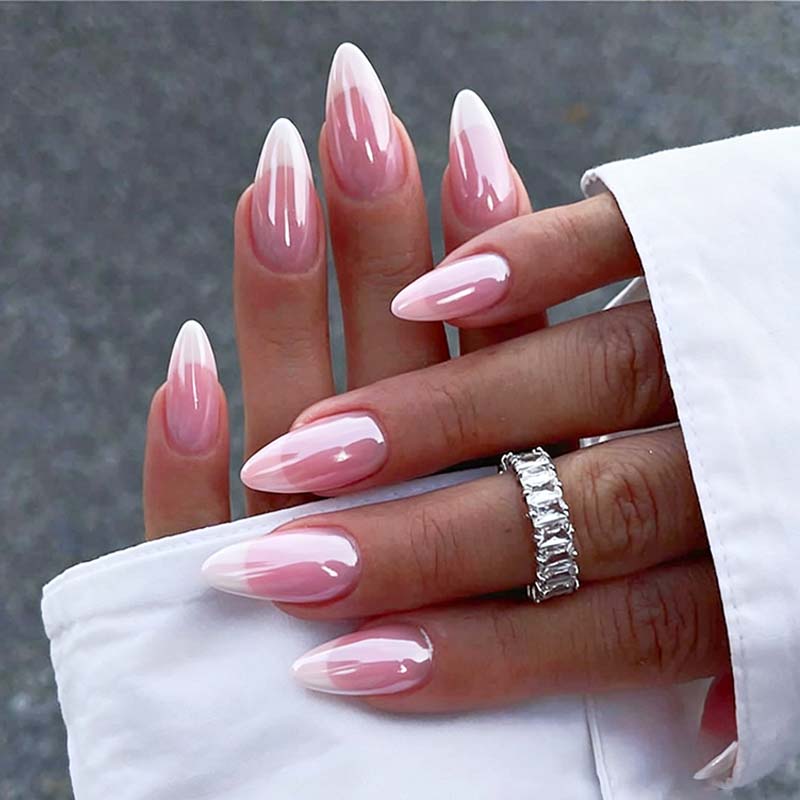 24 Pcs Chrome French Press On Nails - Medium Almond, Nude Pink Mirror Finish Fake Nails, Reusable Glossy Acrylic Nail Tips for Women