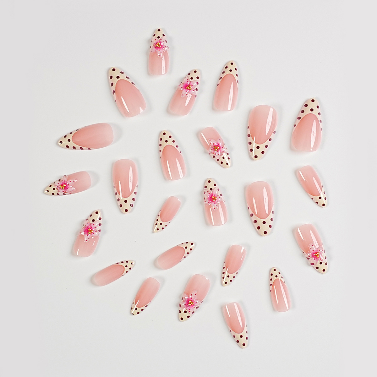 24 Pcs Handmade Drip Glue Press On Nails, French Floral Design, Almond Pink Reusable False Nail Tips for Women Daily Party Wear