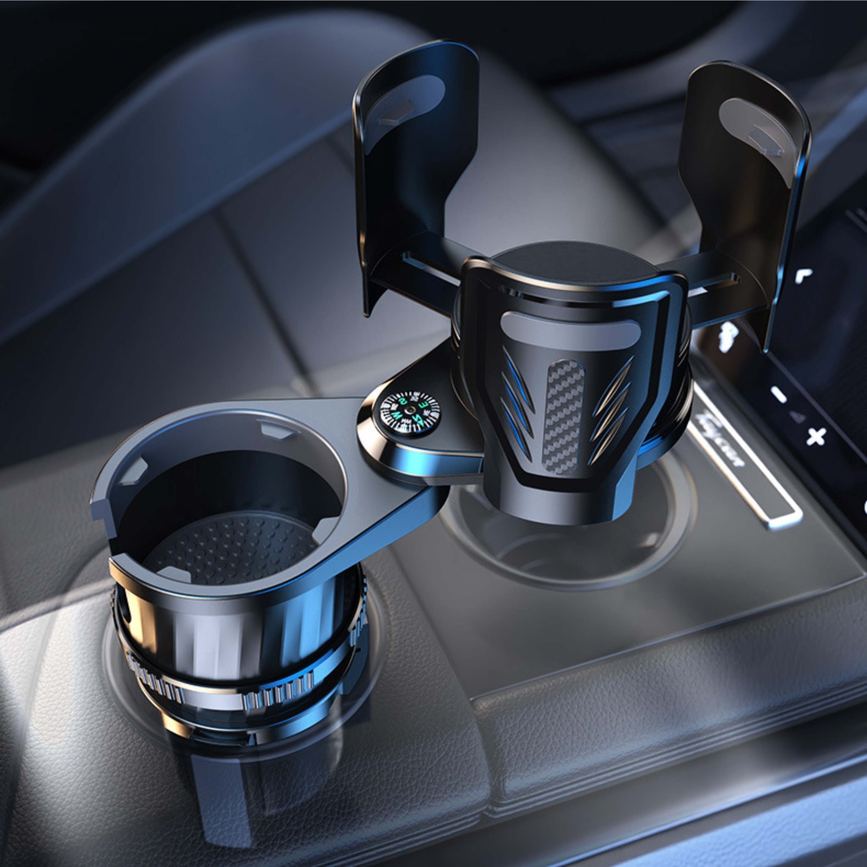Car Cup Holder Expander Dock, 360° Adjustable Noise-Free Cup Holder Expansion, Compatible for One Existing Cup Holder, Upgrade to Two Holders, Fits Cups & Bowls, Vehicle Interior Accessory, No Drilling Required, with Compass 