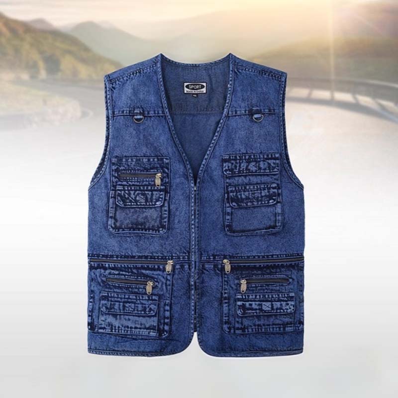 Men's Denim Multi-Pocket Vest, Casual Outdoor Work Sleeveless Jacket, Utility Travel Photography Fishing Vest with 13 Pockets, Vintage Washed Style Bullet Points:
