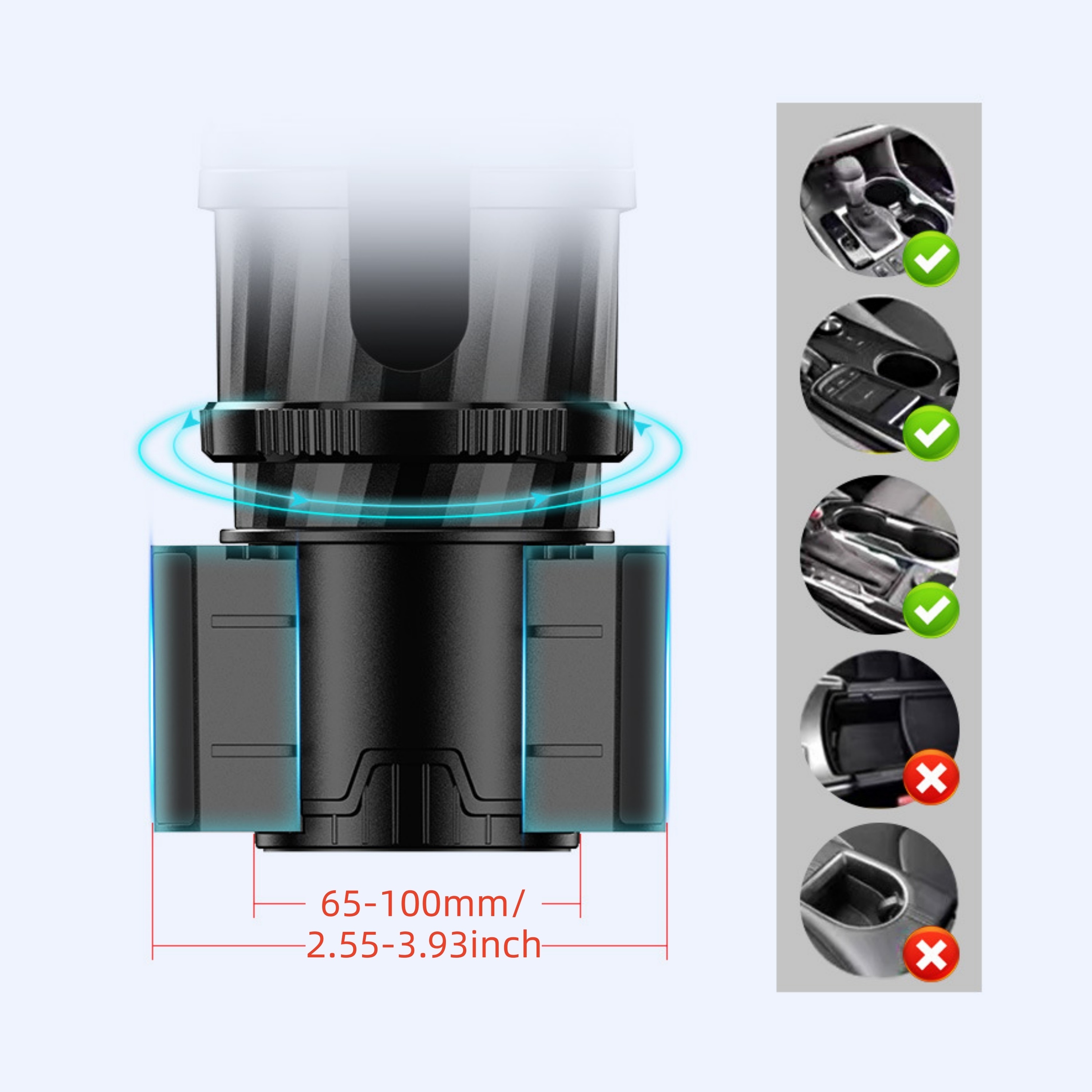 Car Cup Holder Expander Dock, 360° Adjustable Noise-Free Cup Holder Expansion, Compatible for One Existing Cup Holder, Upgrade to Two Holders, Fits Cups & Bowls, Vehicle Interior Accessory, No Drilling Required, with Compass 