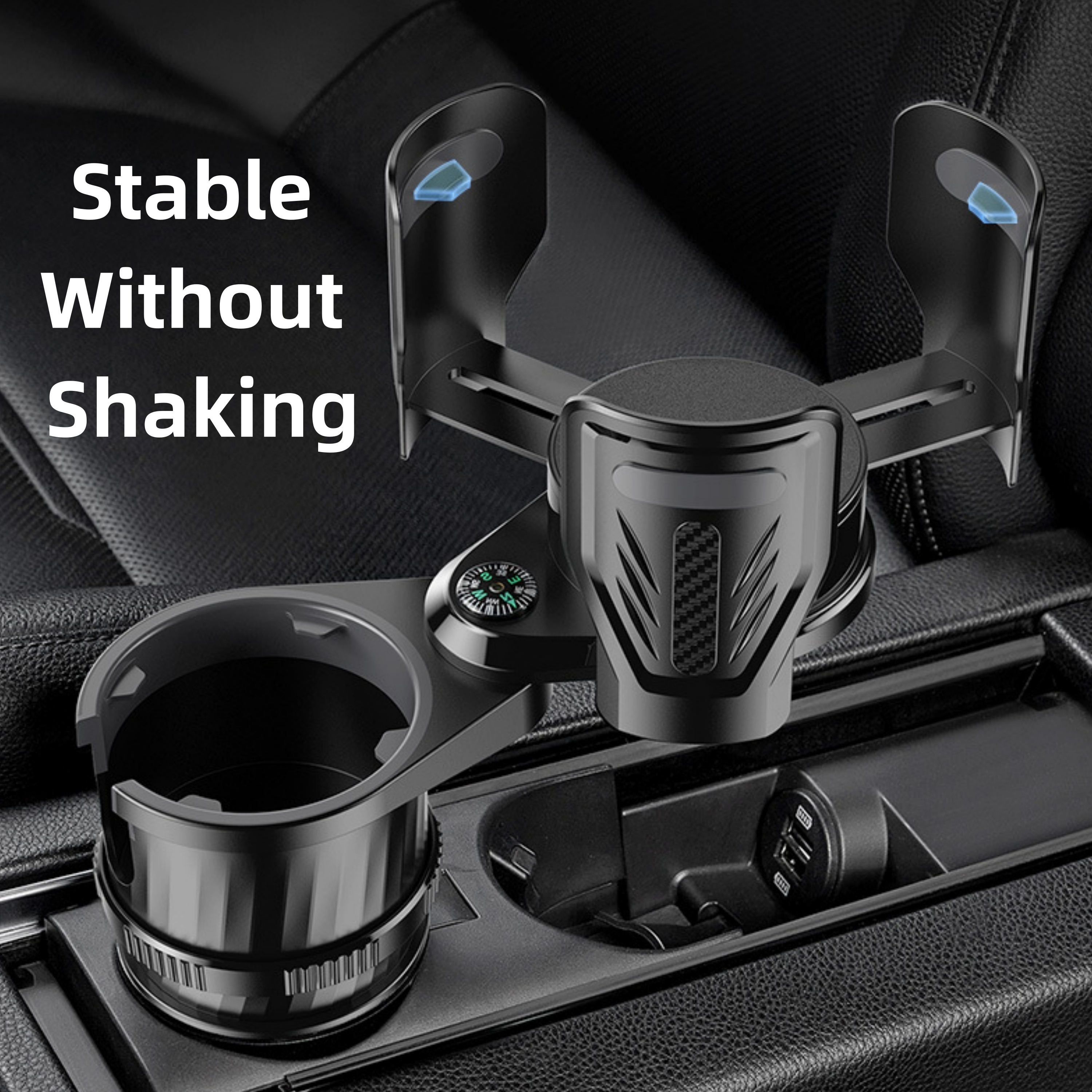Car Cup Holder Expander Dock, 360° Adjustable Noise-Free Cup Holder Expansion, Compatible for One Existing Cup Holder, Upgrade to Two Holders, Fits Cups & Bowls, Vehicle Interior Accessory, No Drilling Required, with Compass 