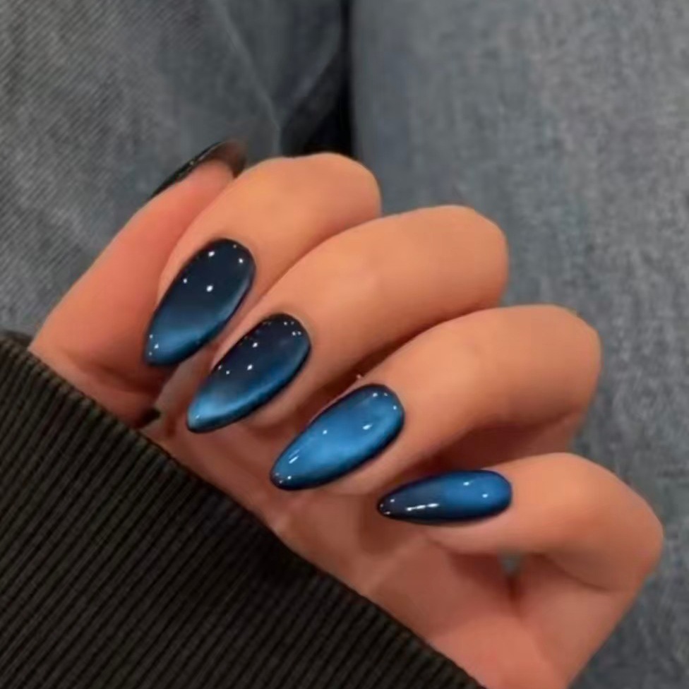 24Pcs Blue Cat Eye Press On Nails, Glossy Almond Fake Nails, Gradient Shimmer False Nails, Reusable Full Cover Stick On Nails for Women