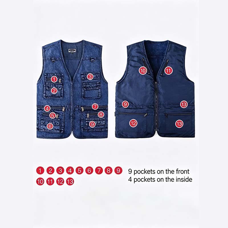 Men's Denim Multi-Pocket Vest, Casual Outdoor Work Sleeveless Jacket, Utility Travel Photography Fishing Vest with 13 Pockets, Vintage Washed Style Bullet Points: