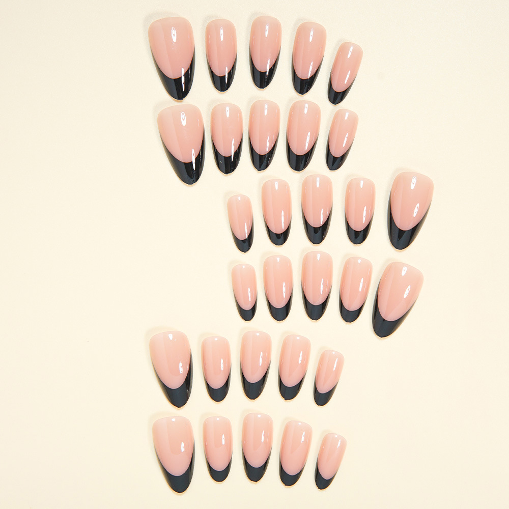 30Pcs Black French Tip Press On Nails, Nude Base Almond Fake Nails, Glossy Punk Style False Nails, Reusable Full Cover Stick On Nails for Women