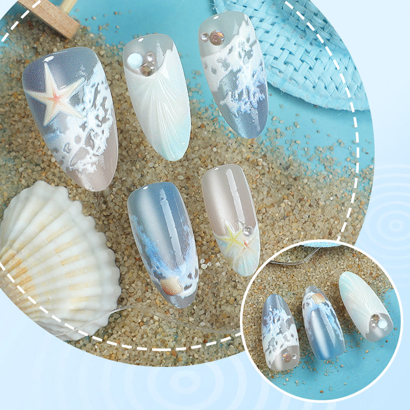 30 Pcs Beach Press On Nails - Medium Almond, 3D Starfish & Seashell Design, Ocean Wave Blue Fake Nails with Adhesive Tabs & Nail File, Reusable Summer Acrylic Nail Tips for Women