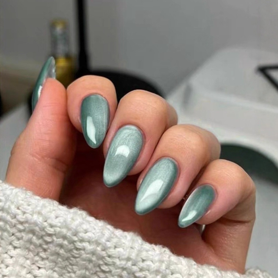 24Pcs Cyan Cat Eye Press On Nails, Ice Transparent Almond Fake Nails, Shimmer Glass Bead Effect False Nails, Reusable Glossy Stick On Nails for Women