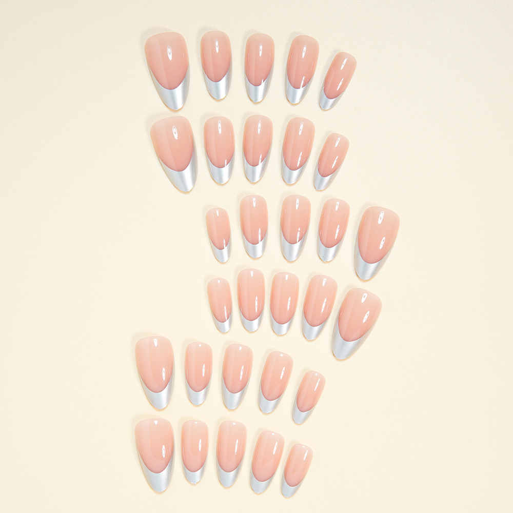 30Pcs Silver Metallic French Tip Press On Nails, Nude Almond Fake Nails, Glossy Reusable False Nails, Full Cover Stick On Nails for Women, 30Pcs