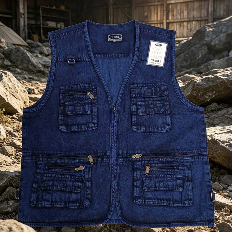 Men's Denim Multi-Pocket Vest, Casual Outdoor Work Sleeveless Jacket, Utility Travel Photography Fishing Vest with 13 Pockets, Vintage Washed Style Bullet Points: