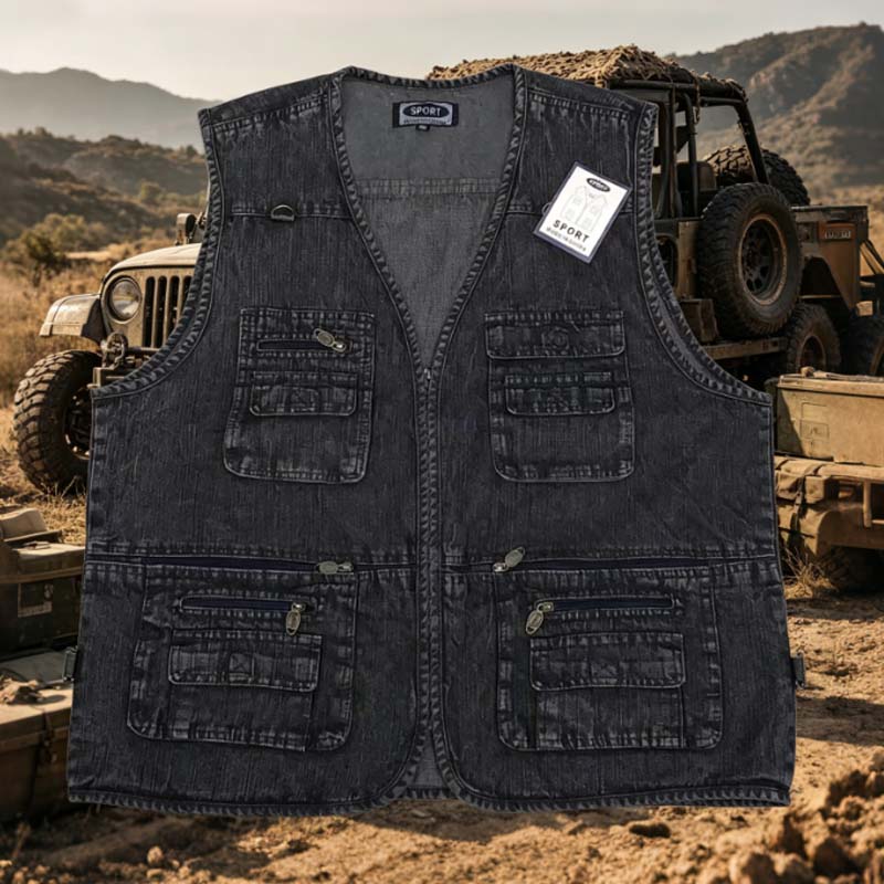 Men's Denim Multi-Pocket Vest, Casual Outdoor Work Sleeveless Jacket, Utility Travel Photography Fishing Vest with 13 Pockets, Vintage Washed Style Bullet Points: