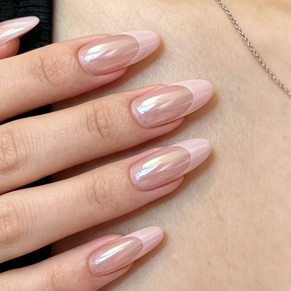 24 Pcs Chrome French Press On Nails - Medium Almond, Nude Pink Mirror Finish Fake Nails, Reusable Glossy Acrylic Nail Tips for Women