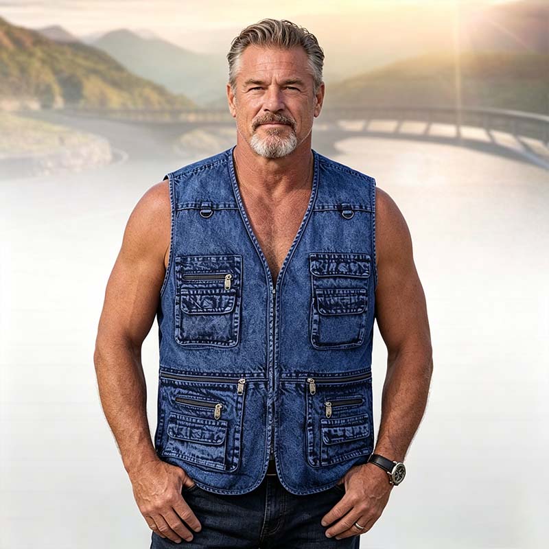 Men's Denim Multi-Pocket Vest, Casual Outdoor Work Sleeveless Jacket, Utility Travel Photography Fishing Vest with 13 Pockets, Vintage Washed Style Bullet Points: