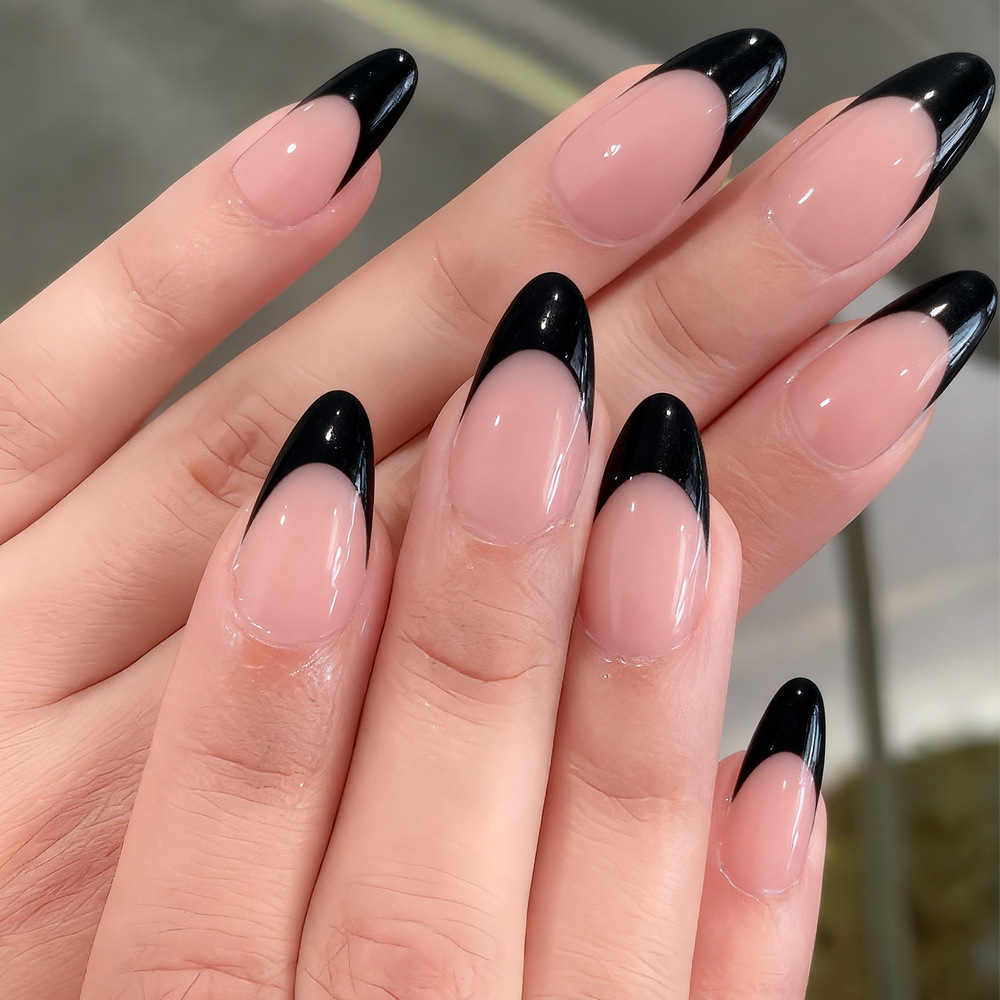 30Pcs Black French Tip Press On Nails, Nude Base Almond Fake Nails, Glossy Punk Style False Nails, Reusable Full Cover Stick On Nails for Women