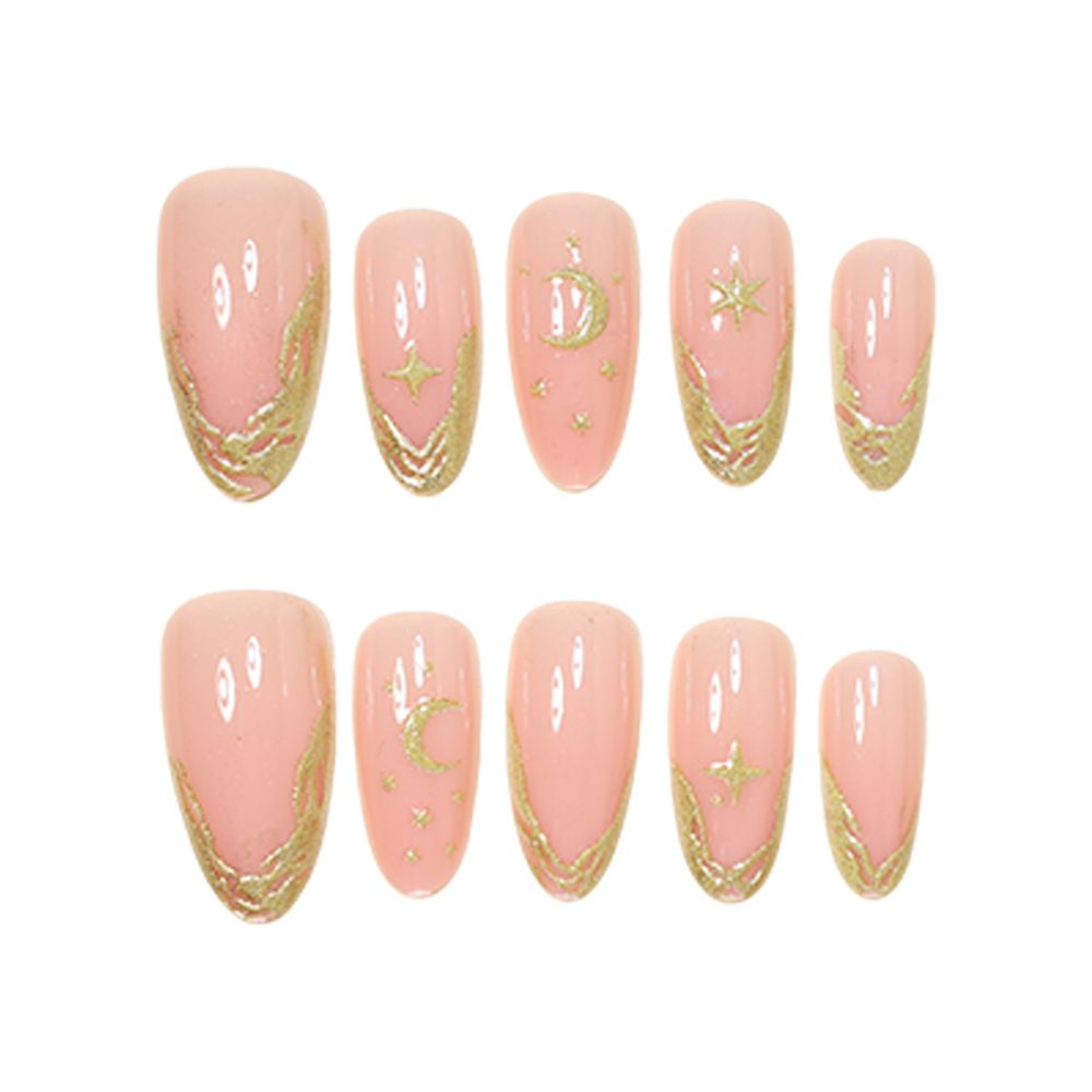 30Pcs Moon Star Press On Nails, Nude Almond False Nails with Gold Glitter French Tips, Reusable Glossy Fake Nails, Celestial Ins Style Stick On Nails for Women